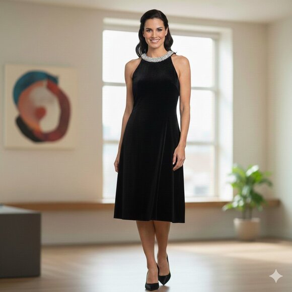 Adrianna Papell Velvet Dress Womens 14 Black Beaded Embellished Collar Stretch - Picture 2 of 16